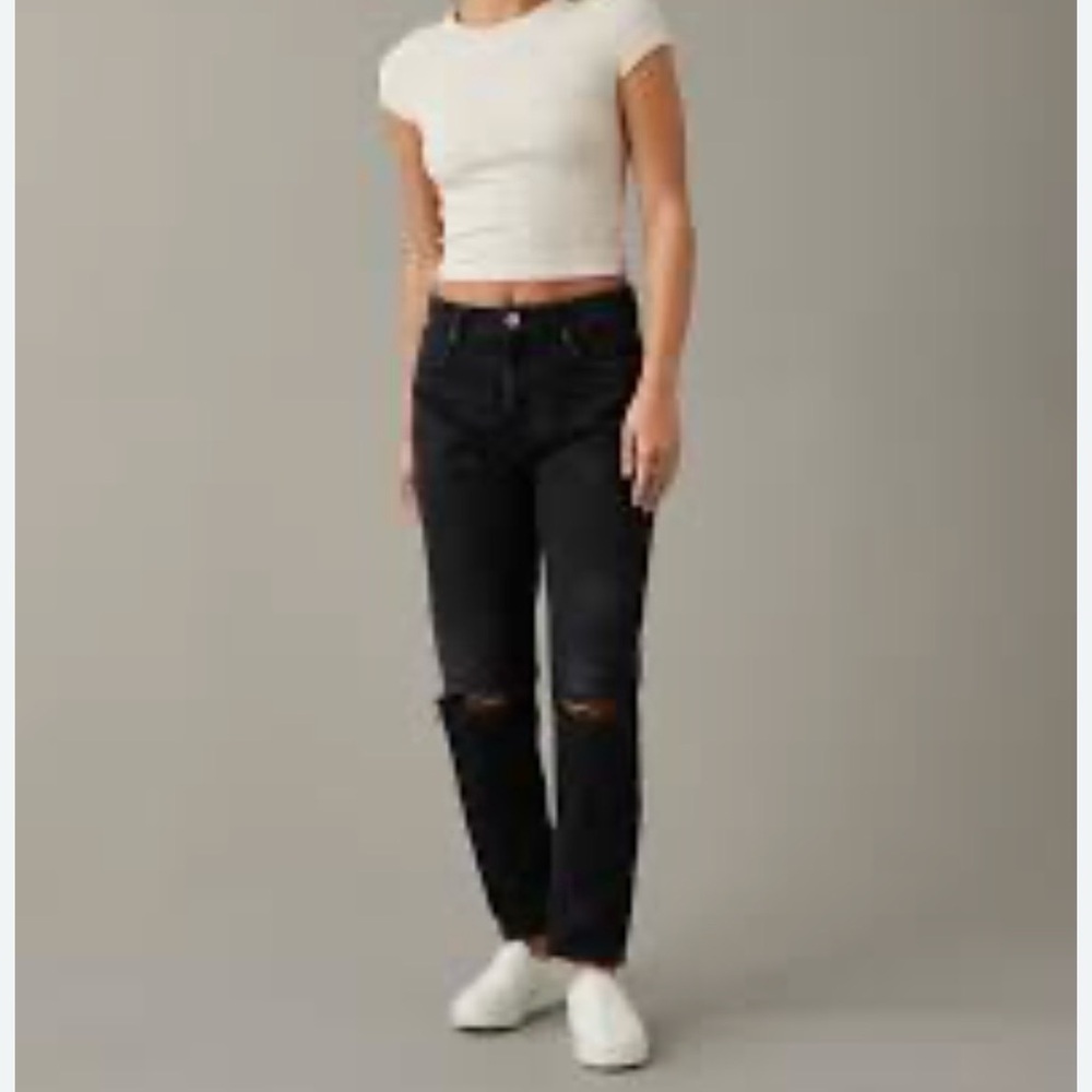 American Eagle Mom Jeans Black Distressed High Rise Straight Leg Y2K 90s